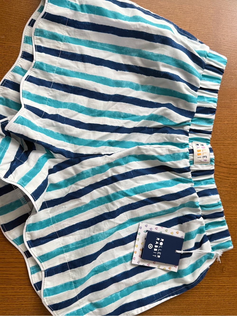Roller Rabbit Cotton Stripe Scalloped Shorts in Navy, Teal & White